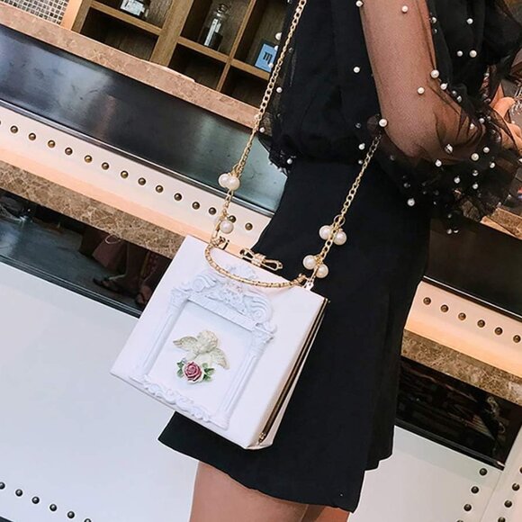 ⚡Women's White Gold Rose Embossed Love Angel Evening Formal Crossbody Clutch Bag - Picture 2 of 5